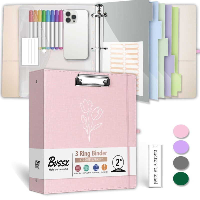 BVSSX 3 Ring Binder  2 Inch Linen Binders Organizer for Letter Size (8.5"" x 11"") Paper with 5-Tabs Pockets Dividers  BVSSX Leather Three Ring Binders with Clipboard  Plastic Folder  Pen Loop - Pink Tulips - Image 1